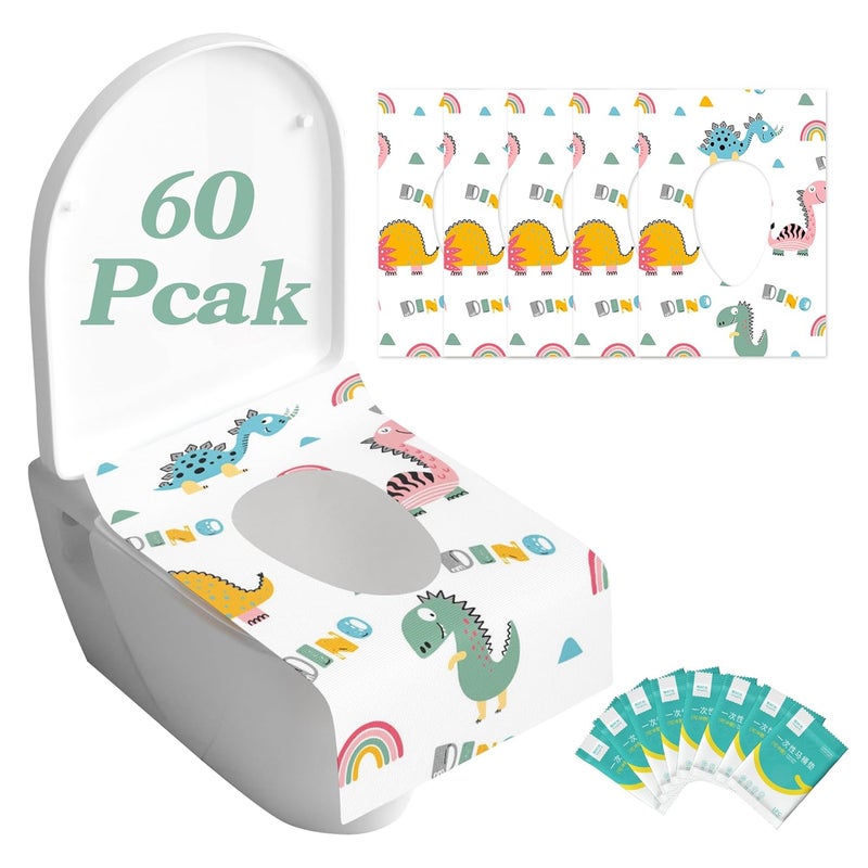 Young Time Dinosaur Toilet Seat Covers Disposable 60 Pack,Large Waterproof Potty Covers for Kids,Travel-Friendly Individual Packs,Perfect for Toddlers’ Potty Training in Public Restrooms - Image 1